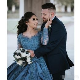 Blue Newest Muslim Ball Dresses Long Sleeves Lace Applique Satin Scoop Neck Beaded Plus Size Wedding Gown Custom Made