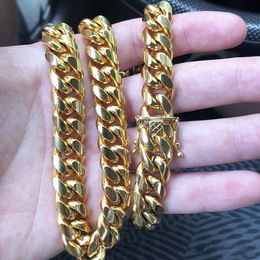 Stainless Steel Jewellery 18K Gold Plated High Polished Miami Cuban Link Necklace Men Punk 14mm Curb Chain Dragon-Beard Clasp Size 24"/26"/28"/30"