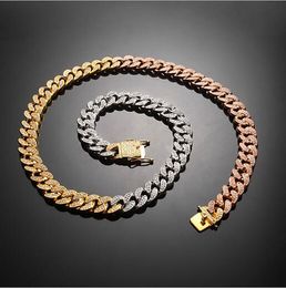 Mens 3 Mixed Colours Diamonds Chain Necklace Copper Materials Gold Silver Rose Micro Pave Cubic Zirconia 12mm Chain with clasp lock