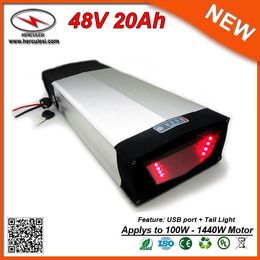Powerful 1000W Electric bike battery 48V 20Ah Rear Rack Lithium battery with USB 2.0 port and Tail Light + Charger FREE Shipping