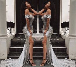 Sexy Silver Gray Sequined Evening Dresses Glamorous Mermaid Split Celebrity Holiday Women Wear Formal Party Prom Gowns Custom Made Plus Size