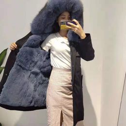 Classic Dark blue fox fur trim Mukla fur brand women snow coats navy blue rabbit fur Lining Black canvas long parka