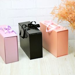 Custom Black Red White Paper Foldable Collapsible Magnetic Hair Extension Wig Gift Box With Silk Ribbon Pink