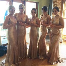 Gold Mermaid Bridesmaids Dresses Plus Size 2019 V-neck Sparkly Sexy Wedding Dresses For Guests Maid Of Honor Dress Formal Prom Gowns