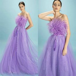 2020 A-line Evening Dresses Strapless Sleeveless Feather Ruched Tulle Prom Dress Ribbons Sash Custom Made Sweep Train Party Dress Cheap