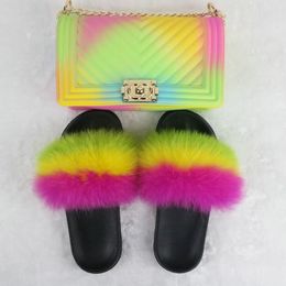 Fox Fur Slippers Women Cute Candy Colour Bag Ladies Furry Slippers Summer Fluffy Sandals Women Bag Fur Slides Big Size 36-45 Hot