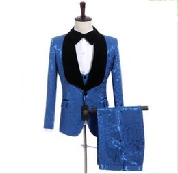 New Arrival One Button Blue Embossing Wedding Groom Tuxedos Shawl Lapel Groomsmen Men Suits Prom Blazer (Jacket+Pants+Vest+Tie) W26