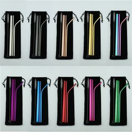 Stainless Steel Straw Set Straight Bent Straw Cleaning Brush 5PCS Metal Drinking Straws Set Colorful Juice Bubble Tea Drinking Straw