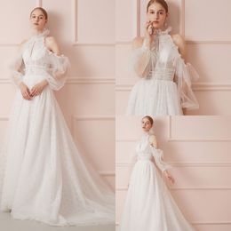 2020 Modest YL High Neck Puff Long Sleeve A Line Wedding Dresses Lace Applique Ruffles Sash Wedding Gowns Sweep Train Bridal Gown
