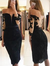 2020 New Black Short Lace Cocktail Dresses Long Sleeves Off Shoulder Appliques Knee Length Party Prom Pageant Dress For Woman Cheap Custom