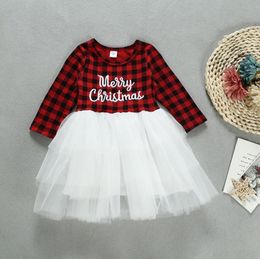 Christmas Baby Girl Clothes Plaid Toddler Tutu Dress Merry Christmas Letter Girls Dresses Long Sleeve Children Dress Baby Clothing DW4844