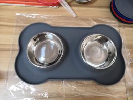 Portable Silicone Bone Shape Double Stainless Steel Dog Bowl, Foldable Travel Feeder, Basic Bowls for Dog, Feeding Supplies