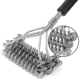 Stainless Steel Barbecue Grill Cleaner Brush Three Wire Spring With Handle Durable Non-stick Cleaning Brushes BBQ Tools Free Shipping