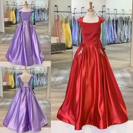 Cap Sleeve Pageant Gowns for Little Girls 2020 Ballgown Style Beaded Pockets SH Lace-Up Back Lilac Red Satin Long Kids Prom Party Dress