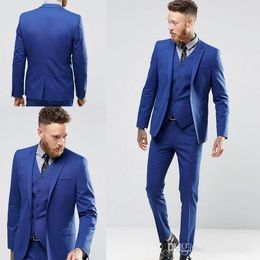 New Fashion Royal Blue Slim Fit Groom Tuxedos Peak Lapel Groomsmen Mens Wedding Dress Excellent Man 3 Piece Suit(Jacket+Pants+Vest+Tie) 619