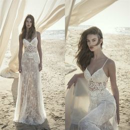 Floral Boho A-line Wedding Dresses Full Appliqued Lace Spaghetti Strap Sleeveless Bridal Gowns Sexy Custom Made Sweep Train Robes De Mariée