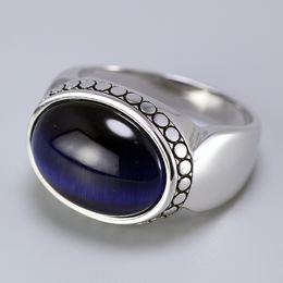 Real Pure 925 Silver Jewelry Blue Tiger Eyes Rings For Men And Women Oval Shape Natural Stone Simple Design Turkey Jewelry