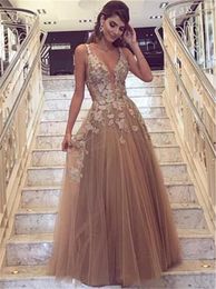2019 Spaghetti Straps Dark Golden 3D Flowers Appliques lace A-line Prom Dresses Open Back Long Evening gowns vestidos de fiesta