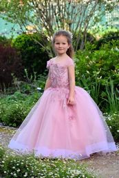 Vintage Lace Princess Flower Girl Dresses Long Sleeve Jewel Neck with Appliques Pink Child Party Gowns First Communion Gown
