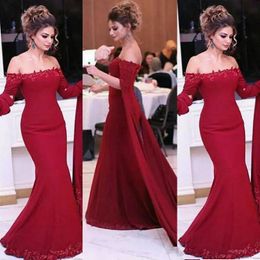 Exquisite 2019 Style Wine Red Evening Dresses Idia Off The Shoulder Neckline Long Sleeves Mermaid Beaded Appliqued Formal Evening Gowns