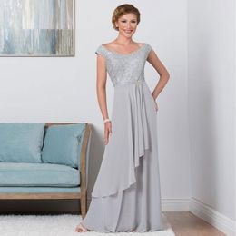 Silver A Line Lace Mother of the Bride Dresses Sequined V Neck Wedding Guest Dress Floor Length Chiffon Plus Size Formal Gowns