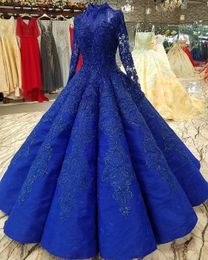 Luxury Royal Blue Prom Dresses High Neck Lace Beads Long Sleeve Ruffles Muslim Evening Gowns Plus Size Caftan Abendkleider Formal Wear