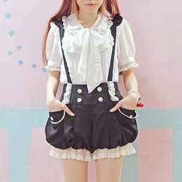 Black/pink Kawaii Overalls Summer New Lace Flounces Double Breasted Lantern Suspender Shorts Lolita Sweet Jumpsuits Cute Rompers Y190502