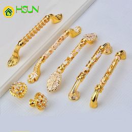 2Pcs Golden Crystal Handle Aureate European handle hollow out chest ambry door of drawer cupboard auger round single hole handle