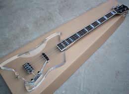 Wholesale 4 strings transparent acrylic electric bass guitar with chrome hardware,rosewood fretboard with white binding,Active circuit