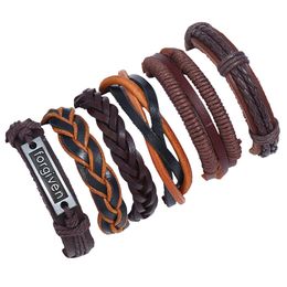 European Genuine Leather Bracelets Beads Woven Brown Bracelet Men Engrave Forgiven Multi Layer Fashion Braid Charm Bangle Multilayer Jewelry