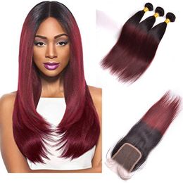 Peruvian Unprocessed Human Hair 3 Bundles With 4X4 Lace Closure Silky Straight Burgundy 1B/99J Straight Virgin Hair Ombre Colour