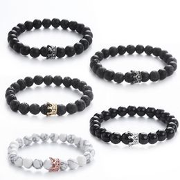 Cubic Zirconia Crown Beads Bracelet Men Black Volcanic Lava Reiki Healing Balance Strand Buddha Prayer Natural Stone Yoga Bracelet for Women