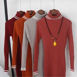 Mulheres Casual Turtleneck Quente Mulheres Camisola Dress Mid-bezerro Longo Mangas Outono Inverno Dos Vestidos Femininos Slim Soft Rib Vestidos de malha