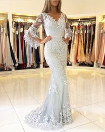 Silver Muslim Evening Dresses 2019 Mermaid V neck 3/4 Sleeves Lace Beaded applique Islamic Dubai Saudi Arabic Long Elegant Evening Gown