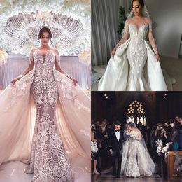 Luxury Mermaid Wedding Dresses With Detachable Train Full Lace Applique Sweep Train Country Bridal Gowns Sheer Jewel Neck Robes De Mariée