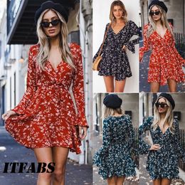 arrival Women Long Sleeve Floral Dress Casual Party Evening Party Short Mini Dress V neck Sexy Sundress bohemian beach