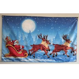 Buon Bandiera Natale Babbo Natale con Elk in the Snow Luna Notte per dare i regali 3x5ft tessuto poliestere Bandiere