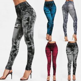 Gym Leggings Faux Denim Jeans Leggings Pocket Printing Leggings Casual Hoge Taille Potlood Broek Plus size Yoga Broek