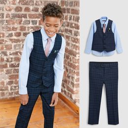 Summer Navy Plaid Boy's Formal Wear Custom Made 2 Pieces Handsome Suits For Wedding Prom Dinner Children Clothes(Vest+Pants)
