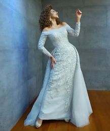 2020 Arabic Aso Ebi Lace Beaded Sexy Evening Dresses Long Sleeves Sheath Prom Dresses Long Sleeves Formal Party Second Reception Gowns ZJ533