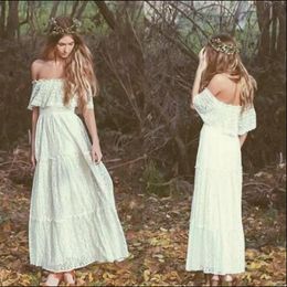 Bohemian White Off Shoulder Prom Dresses Short Sleeves Sexy Back Zipper Full Lace Evening Dresses Ankle Length Vintage Country Style Gowns