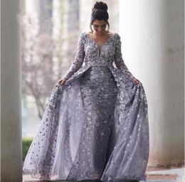 Luxury Grey Muslim Dubai Long Sleeves Mermaid Prom Dresses V Neck Lace 3D Flowers Tulle Sweep Train Plus Size Custom Evening Party Gowns