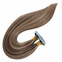 Piano Colour Double Drawn Tape In Hair Skin Weft Silk Straight Soft Natural Blonde Brown Mix Colour Virgin Remy Human Hair Extensions