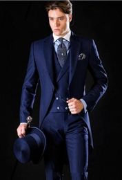 New High Quality One Button Blue Groom Tuxedos Peak Lapel Groomsmen Best Man Suits Mens Wedding Suits(Jacket+Pants+Vest+Tie) 694