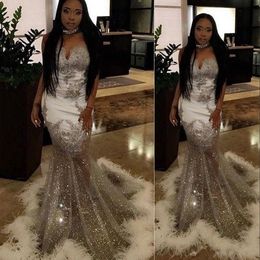 Sexy Sparkly Sier Sequined White Feather Mermaid Evening Dresses Wear Sequins Sweetheart Sheer Sweep Train Party Dress Formal Prom Gowns