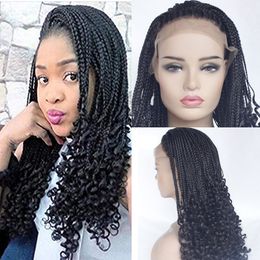 Natrual Black Micro Braiding Hair Wigs with Curly End Synthetic Lace Front Wig Half Braided Wigs For Black Women Wigs With Baby Hair