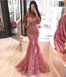 Elegant Coral pink Lace Mermaid Evening Dresses spaghetti straps Beaded Appliques Long Prom Gowns Custom Made Party Dresses Abendkleider