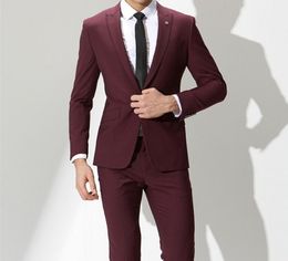 Custom Made Groomsmen Peak Lapel Groom Tuxedos Burgundy Men Suits Wedding/Prom/Dinner Best Man Blazer ( Jacket+Pants+Tie) B569