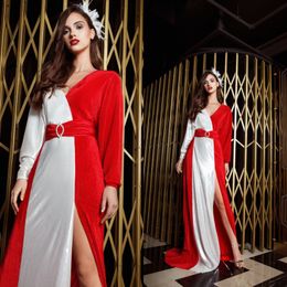 Ashi Studio 2019 Evening Dresses V-Neck Side Split Long Sleeves Plus Size A-Line Prom Gowns Red And White Splice Special Occasion Dress