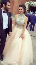 Two Pieces Luxurious Quinceanera Dresses High Neck Crystals Pearls Organza Prom Gowns Sexy Birthday Dresses Party Gowns Sweet 16 Dresse